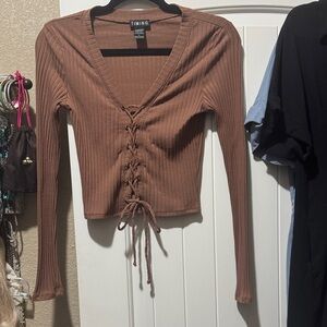 Timing Women's Tan Lace-Up Ribbed Blouse